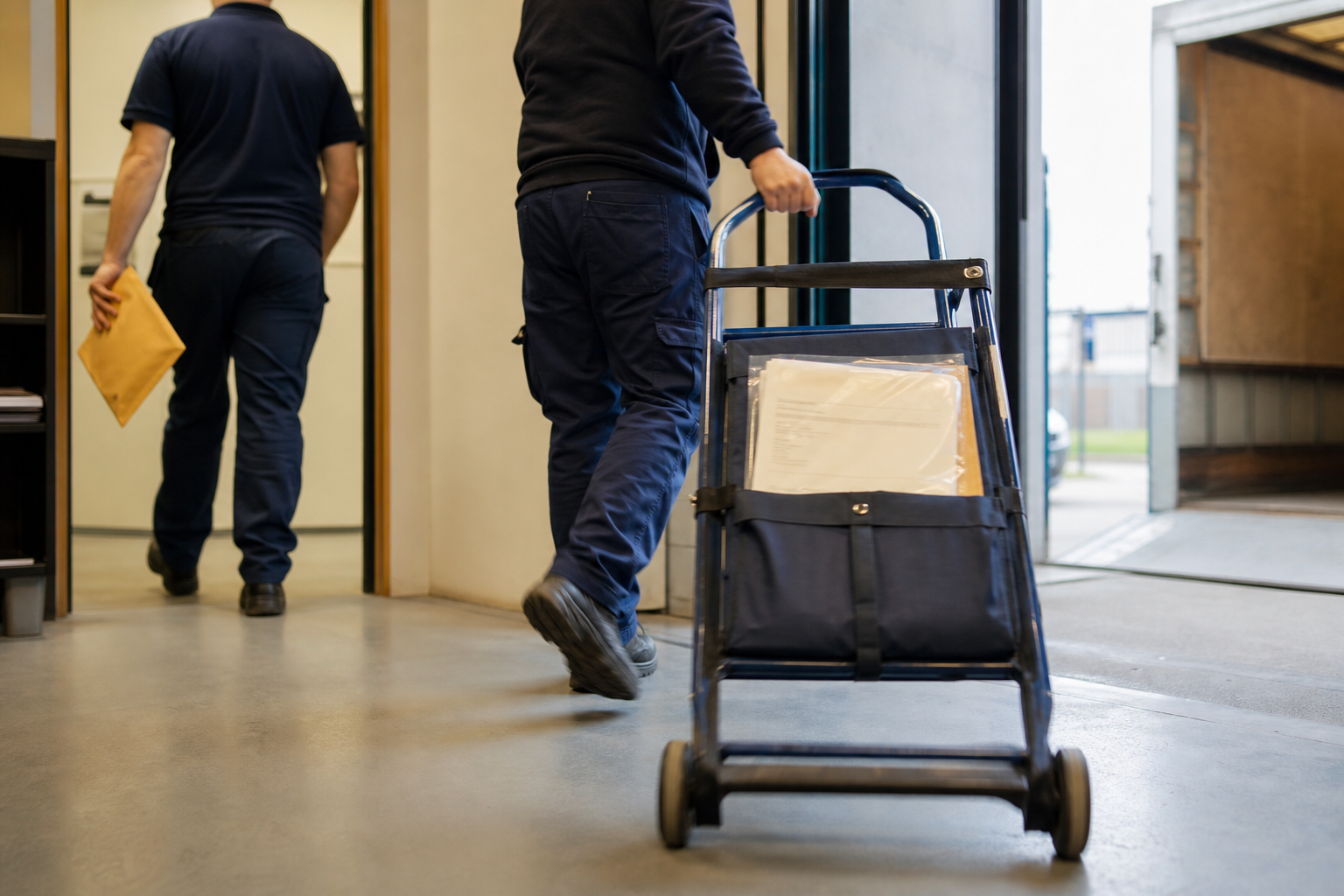 A freight office dispatch bay: one worker wheels a hand trolley carrying a sleeved document wallet towards the open loading bay while another walks the opposite way through an internal doorway with an envelope.